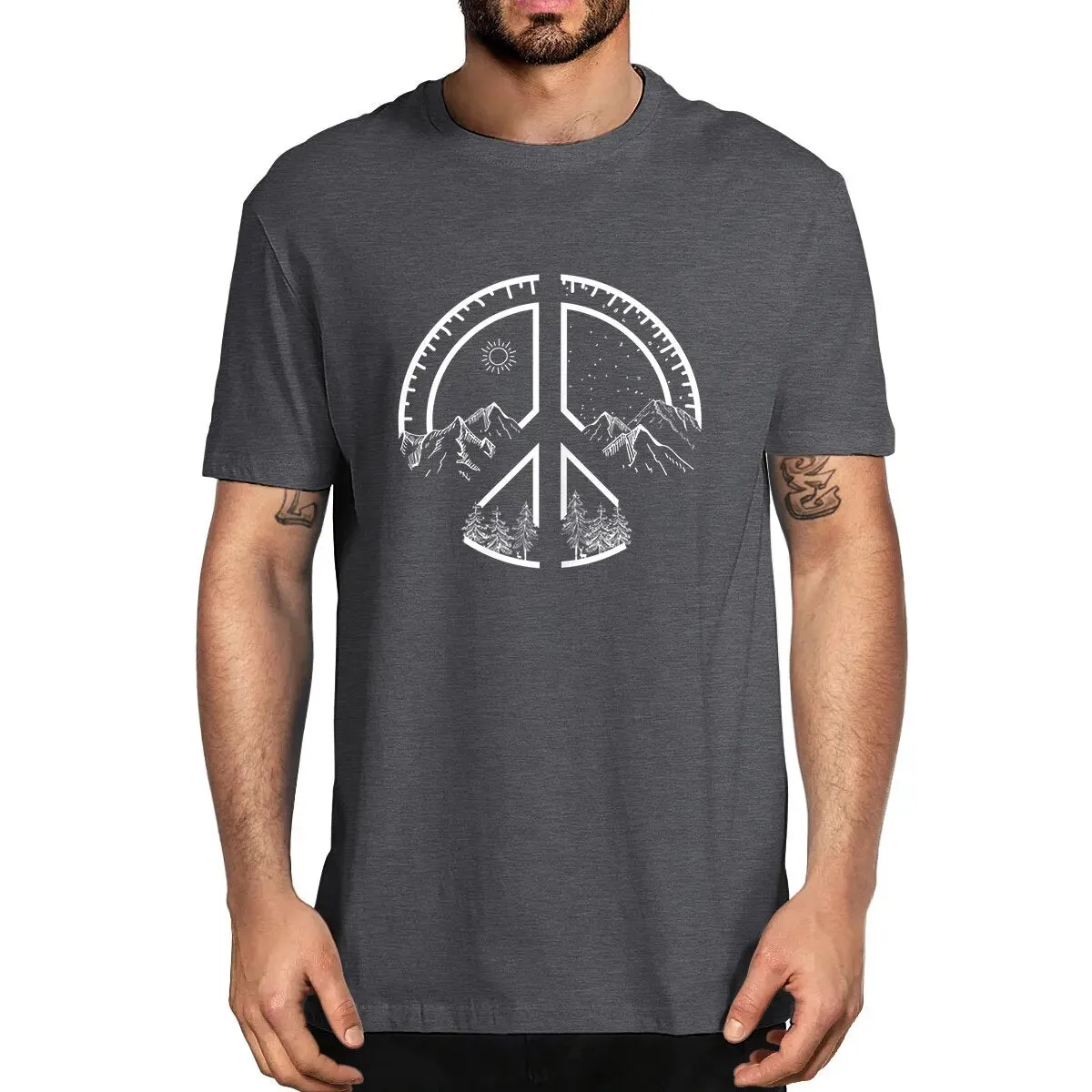 Men's Novelty Oversized Peace Sign Mountains Cotton Summer T-Shirt