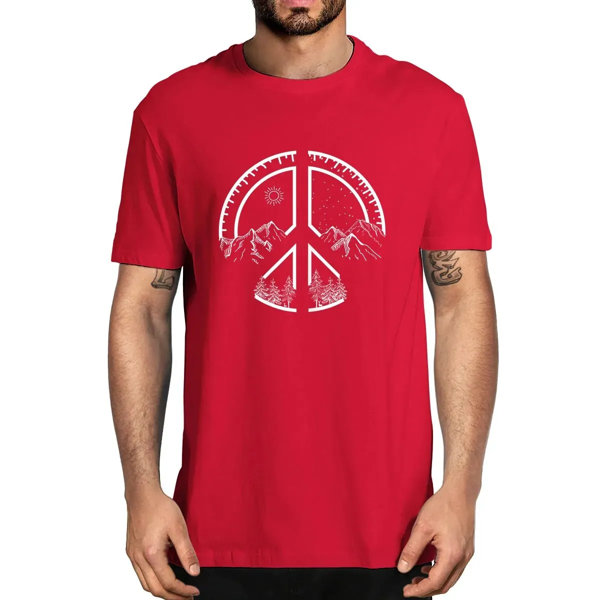 Men's Novelty Oversized Peace Sign Mountains Cotton Summer T-Shirt