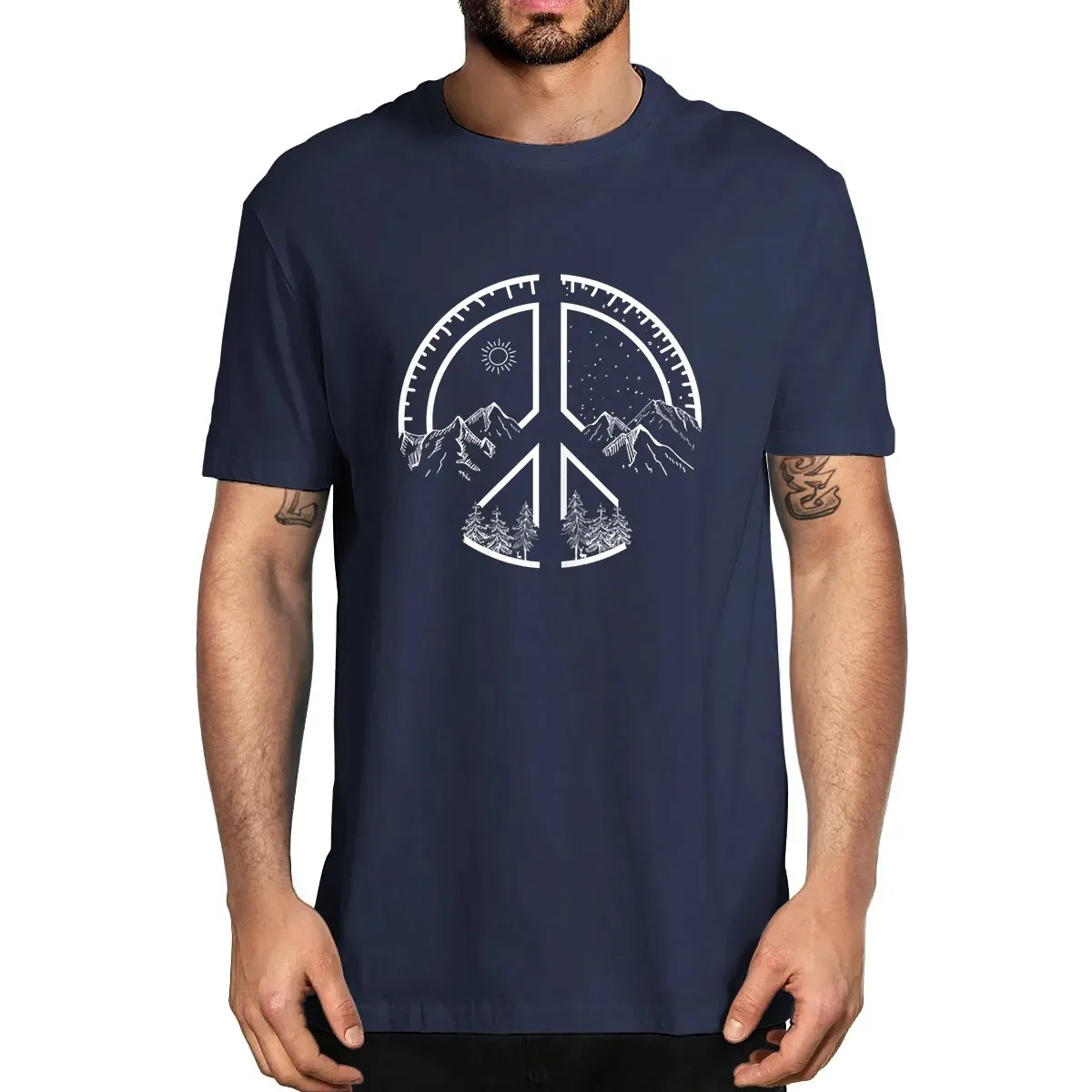 Men's Novelty Oversized Peace Sign Mountains Cotton Summer T-Shirt