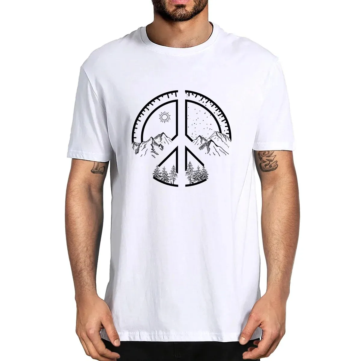 Men's Novelty Oversized Peace Sign Mountains Cotton Summer T-Shirt