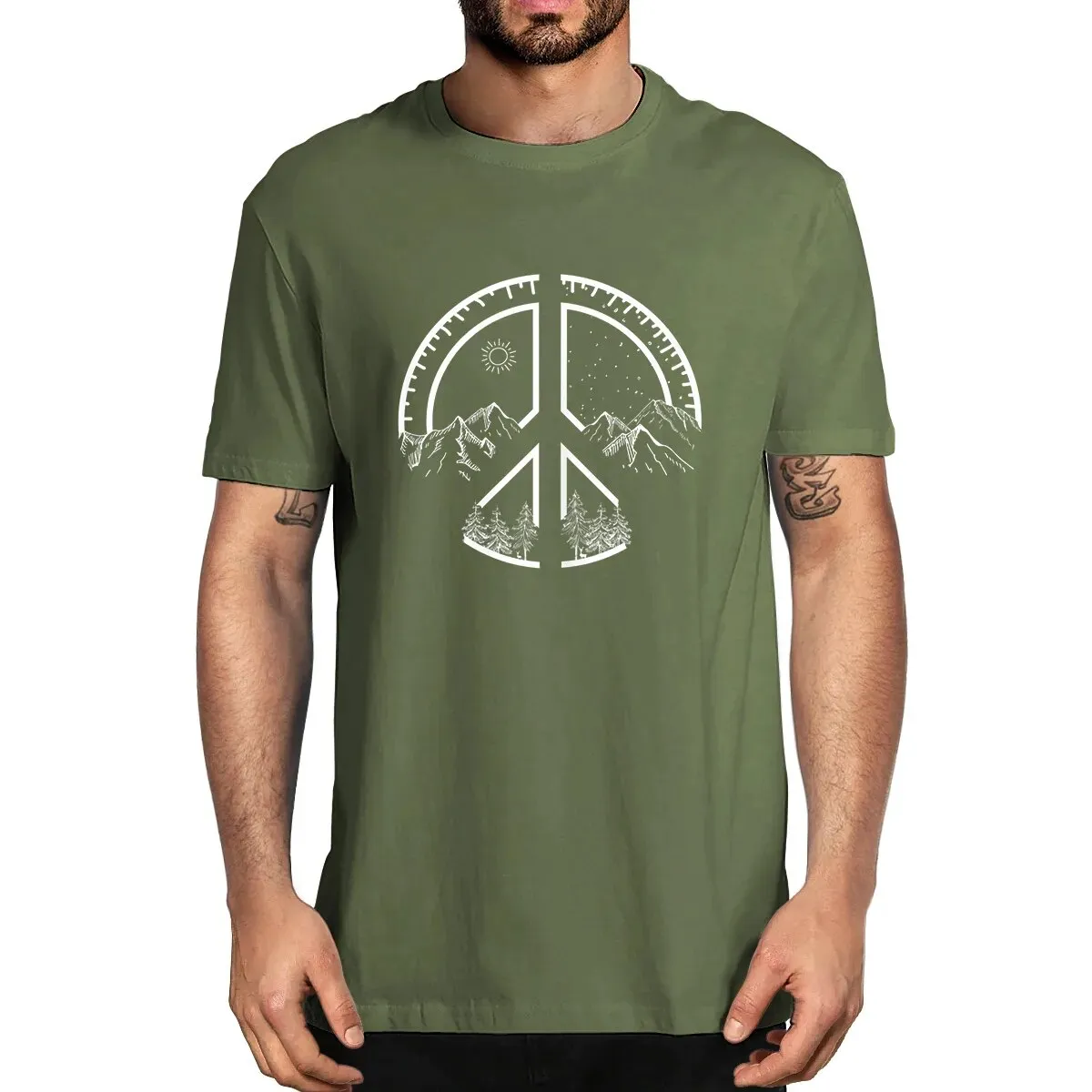 Men's Novelty Oversized Peace Sign Mountains Cotton Summer T-Shirt