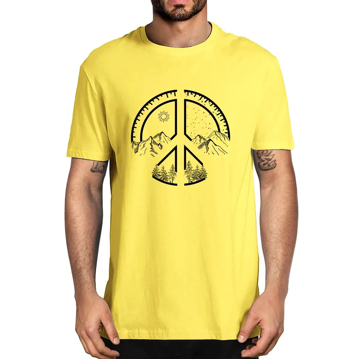 Men's Novelty Oversized Peace Sign Mountains Cotton Summer T-Shirt