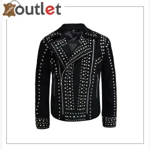 Mens Rivet Studded Biker Motorcycle Suede Leather Jacket