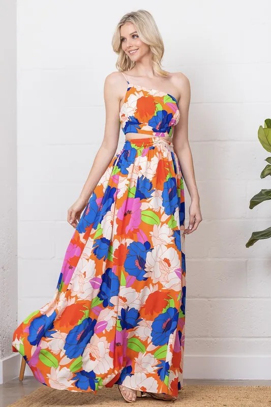 Multi Color Printed One-Shoulder Cut-Out Front Slit Maxi Dress