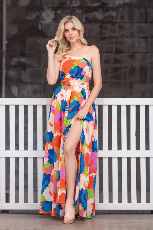 Multi Color Printed One-Shoulder Cut-Out Front Slit Maxi Dress