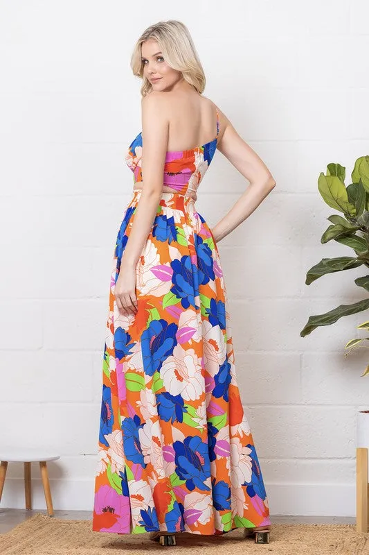 Multi Color Printed One-Shoulder Cut-Out Front Slit Maxi Dress