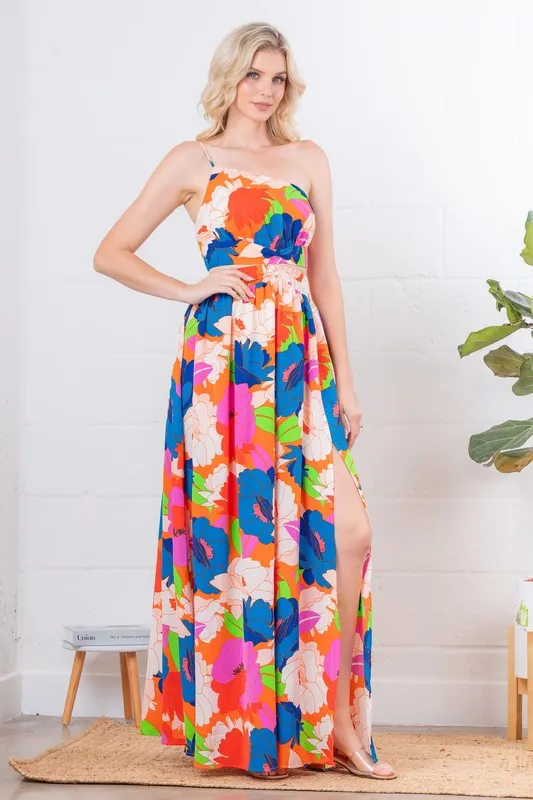 Multi Color Printed One-Shoulder Cut-Out Front Slit Maxi Dress