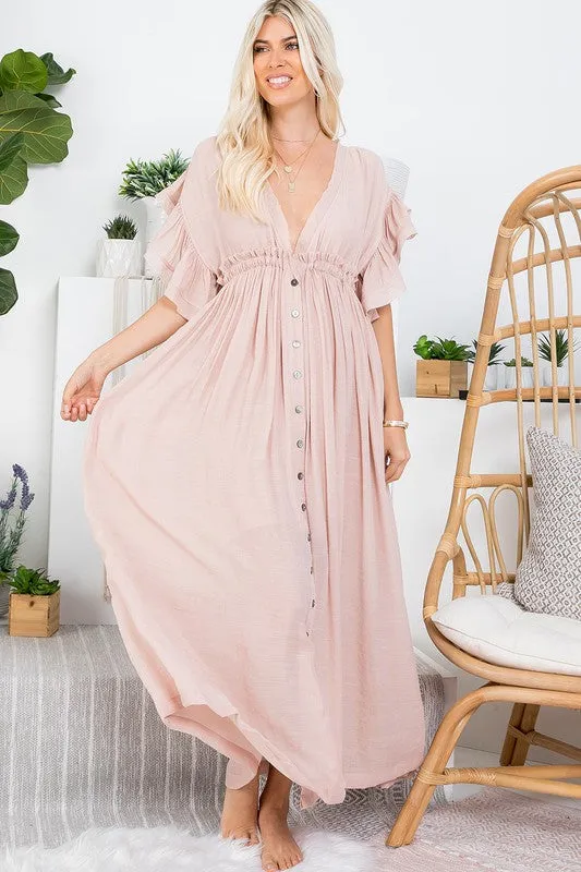 Nude Blush Deep V Neck Ruffle Maxi Dress