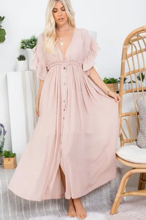 Nude Blush Deep V Neck Ruffle Maxi Dress