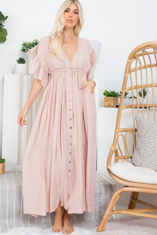 Nude Blush Deep V Neck Ruffle Maxi Dress