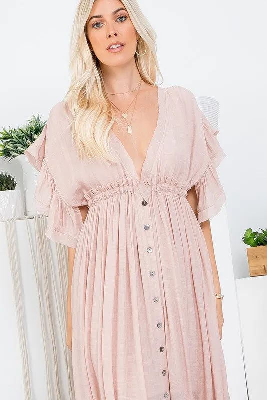 Nude Blush Deep V Neck Ruffle Maxi Dress