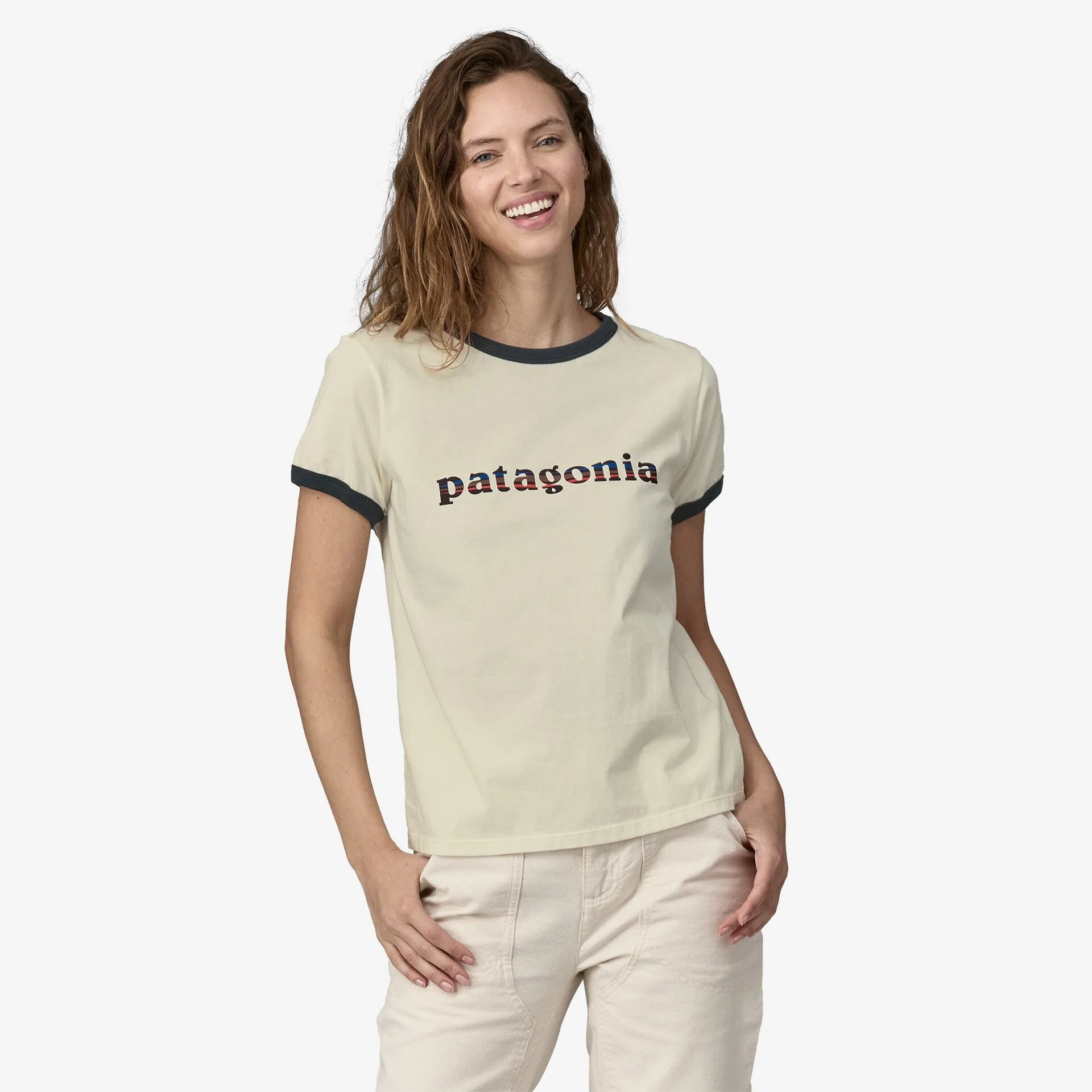 Patagonia '73 Text Logo Organic Ringer Tee | Birch White | Womens