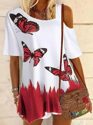 Print Cold Shoulder Short Sleeves Casual Blouses