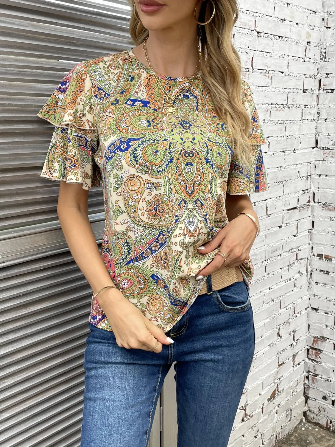 Printed Round Neck Short Sleeve Blouse Women's Top