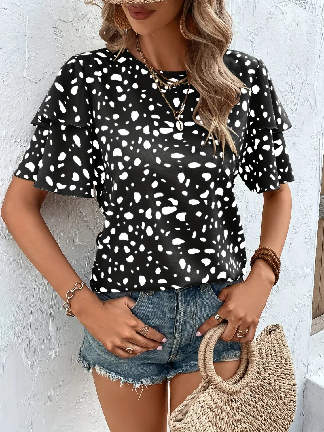 Printed Round Neck Short Sleeve Blouse Women's Top