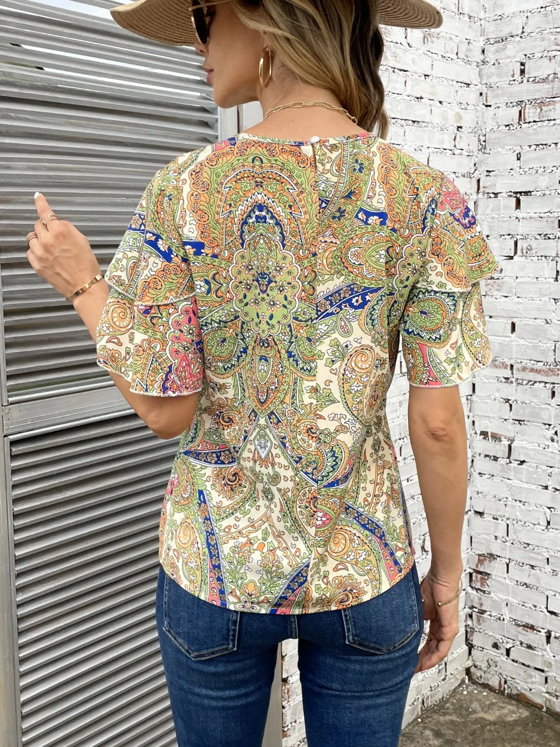 Printed Round Neck Short Sleeve Blouse Women's Top