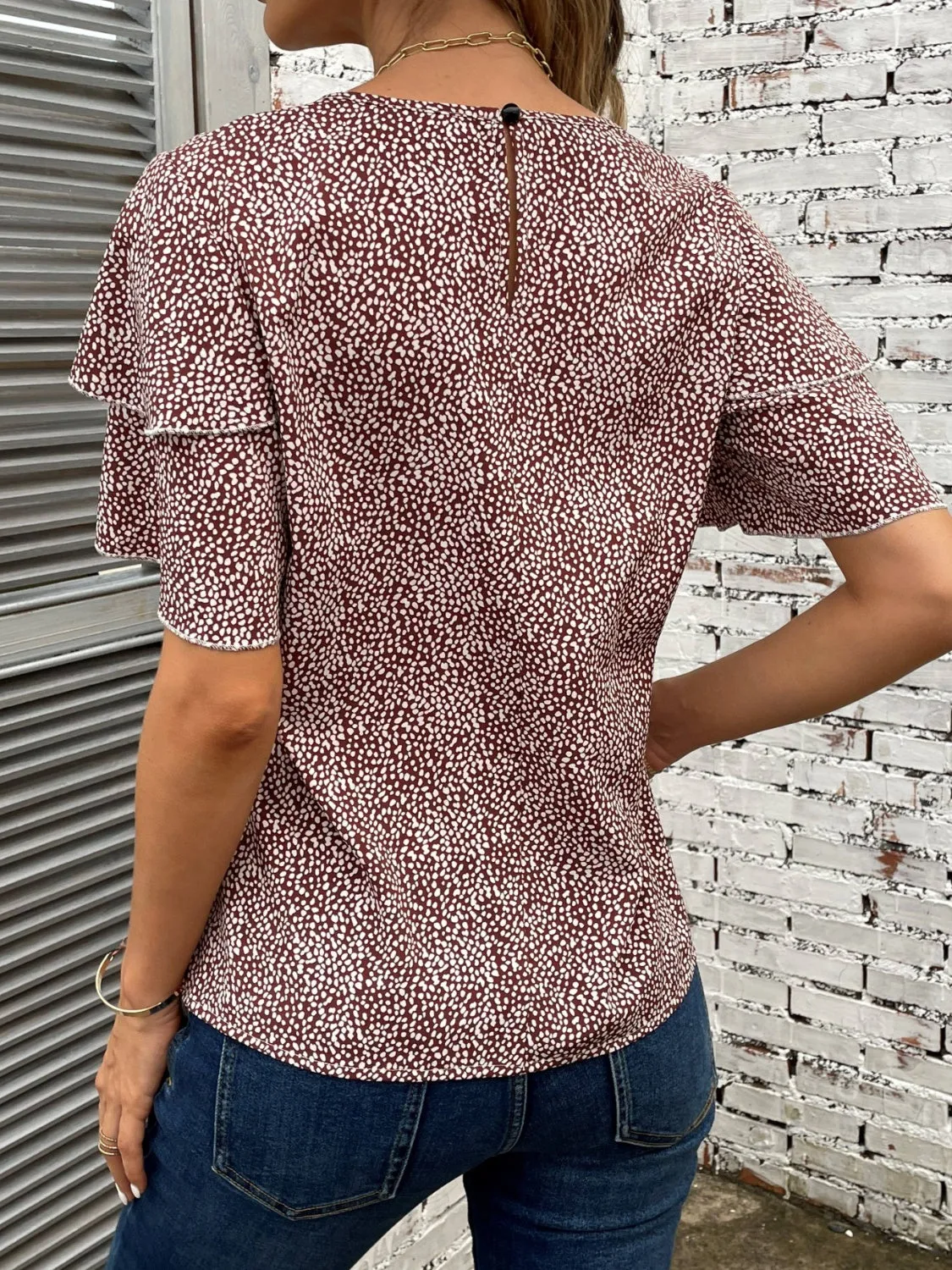 Printed Round Neck Short Sleeve Blouse Women's Top