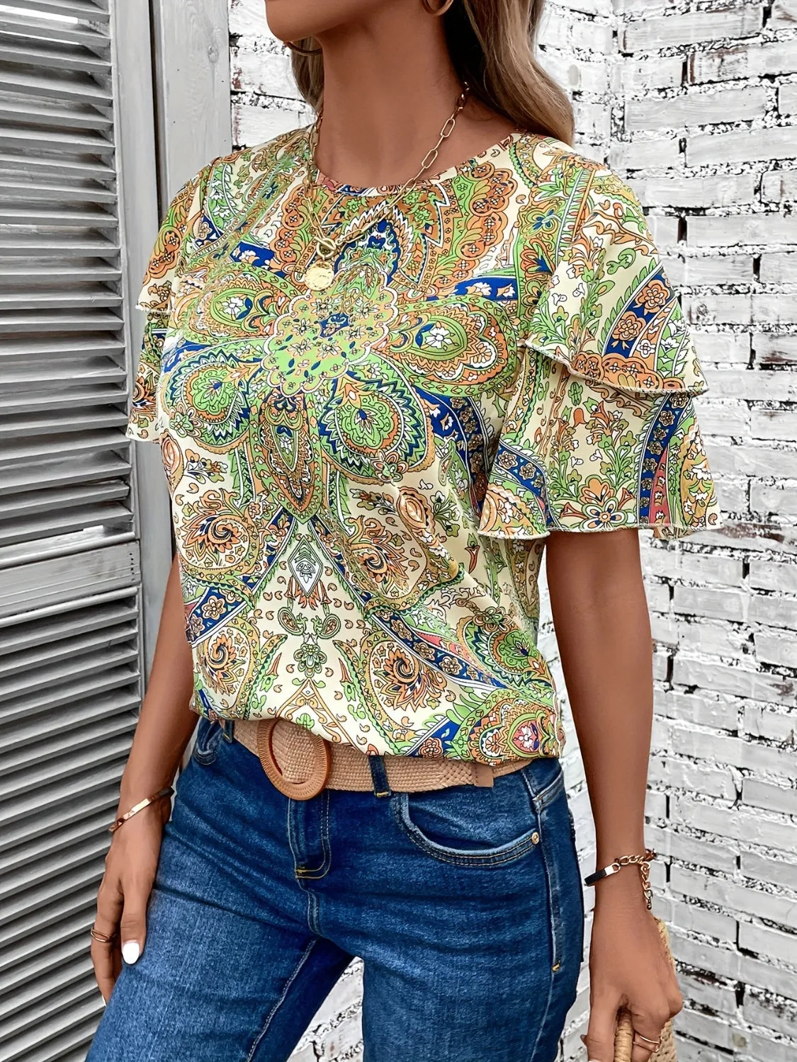 Printed Round Neck Short Sleeve Blouse Women's Top