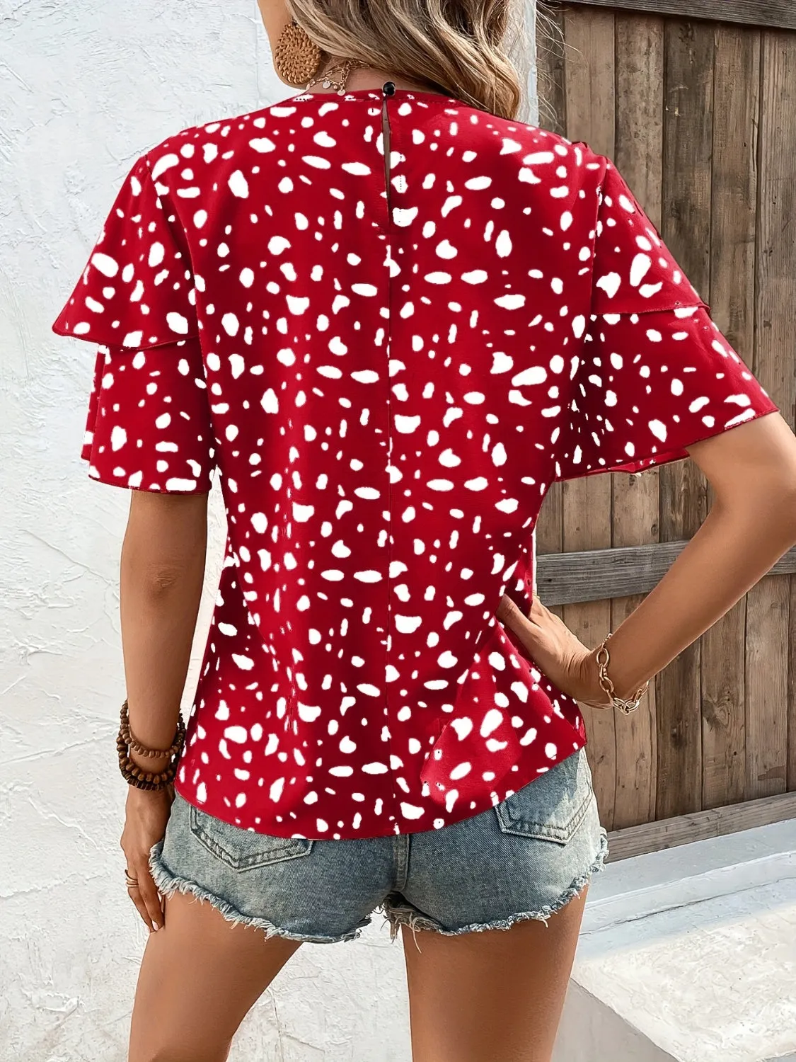 Printed Round Neck Short Sleeve Blouse Women's Top