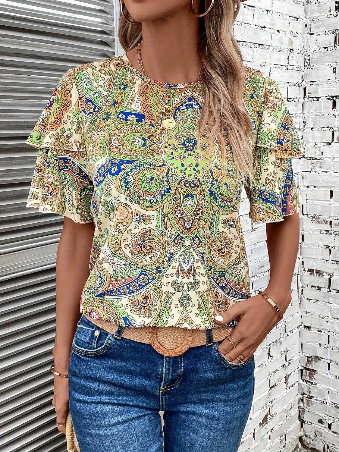 Printed Round Neck Short Sleeve Blouse Women's Top