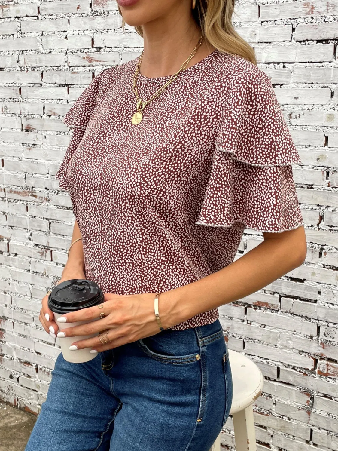 Printed Round Neck Short Sleeve Blouse Women's Top