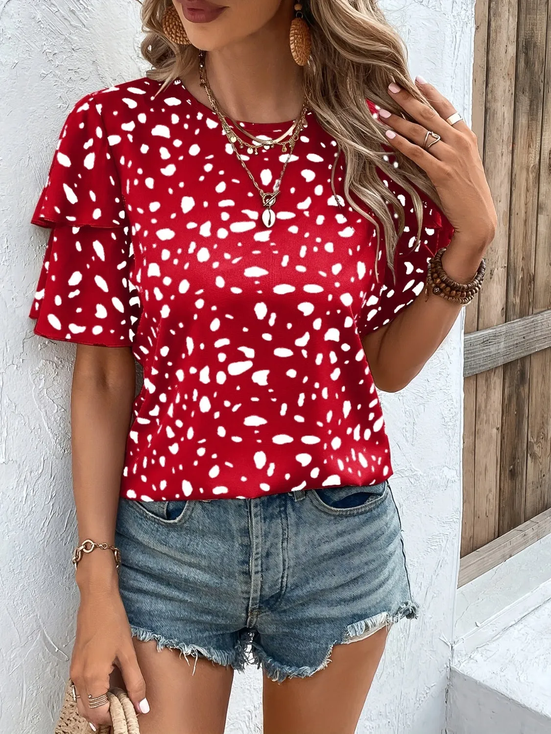 Printed Round Neck Short Sleeve Blouse Women's Top