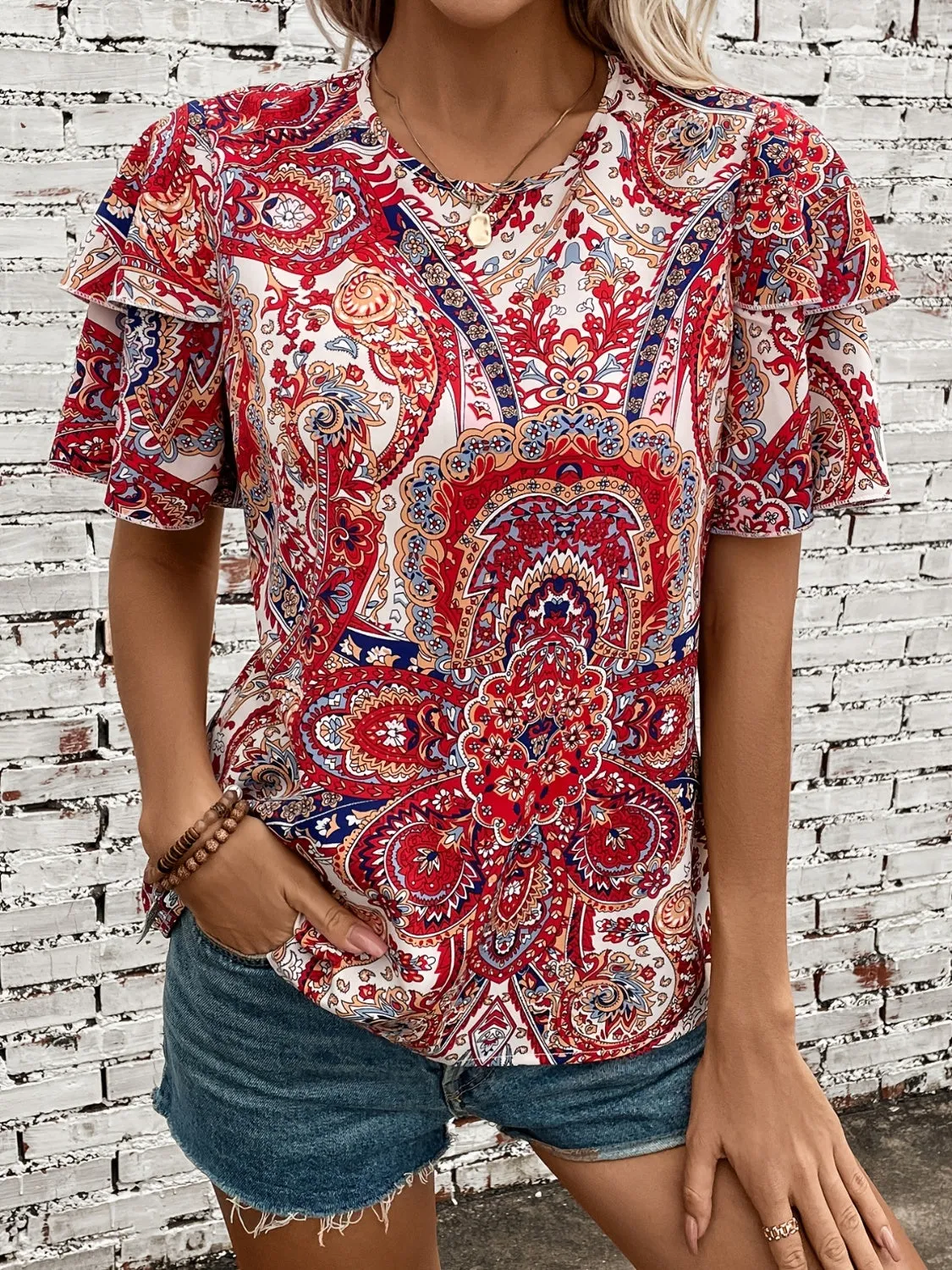 Printed Round Neck Short Sleeve Blouse Women's Top