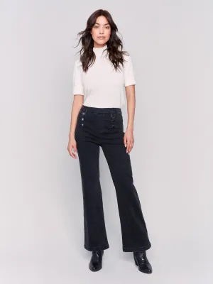 Pull-On Flare Jeans with Front Buttons - Charcoal