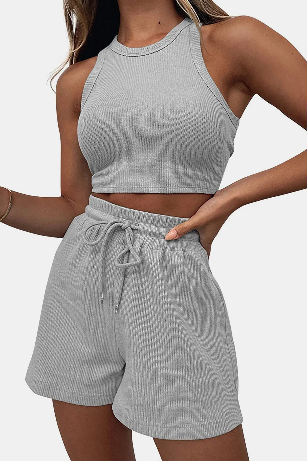 Round Neck Top and Drawstring Shorts Set - 12 Colors