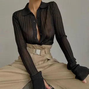 Sexy see-through pit striped long-sleeved top