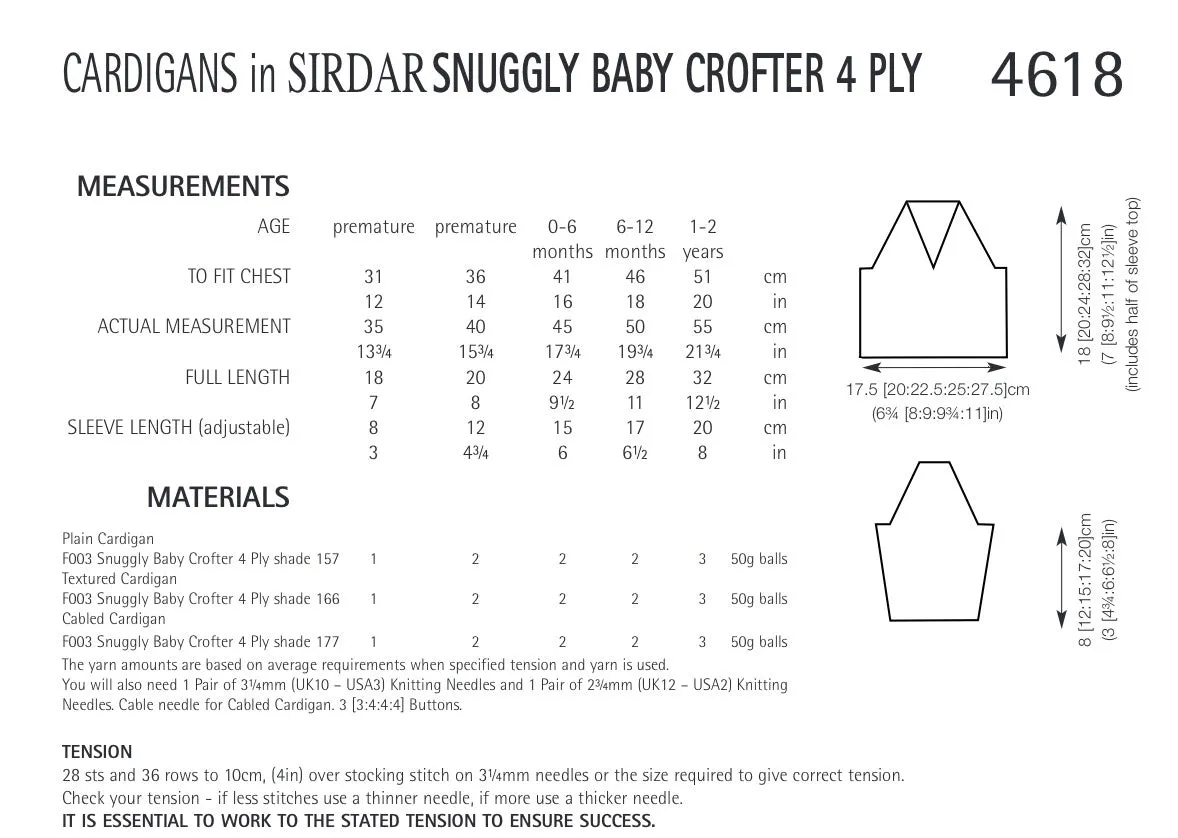 Sirdar Snuggly Baby Crofter 4ply Cardigans Knitting Pattern 4618