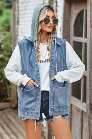 Sleeveless Denim Jacket with A Detachable Hood