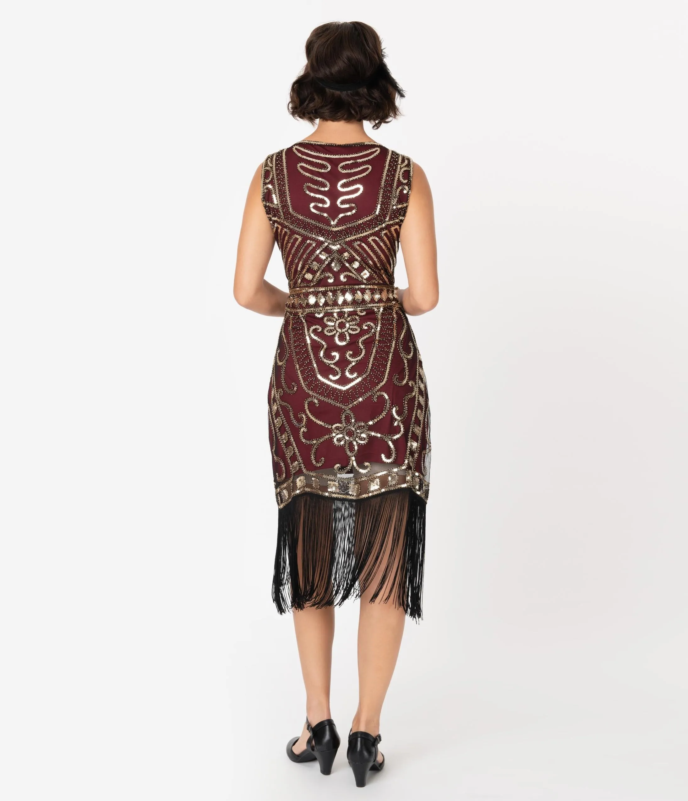 Unique Vintage 1920s Burgundy & Gold Sequin Pernelle Flapper Dress