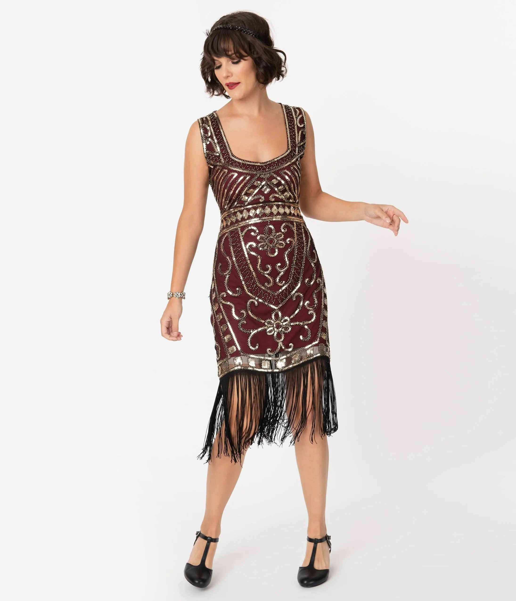 Unique Vintage 1920s Burgundy & Gold Sequin Pernelle Flapper Dress