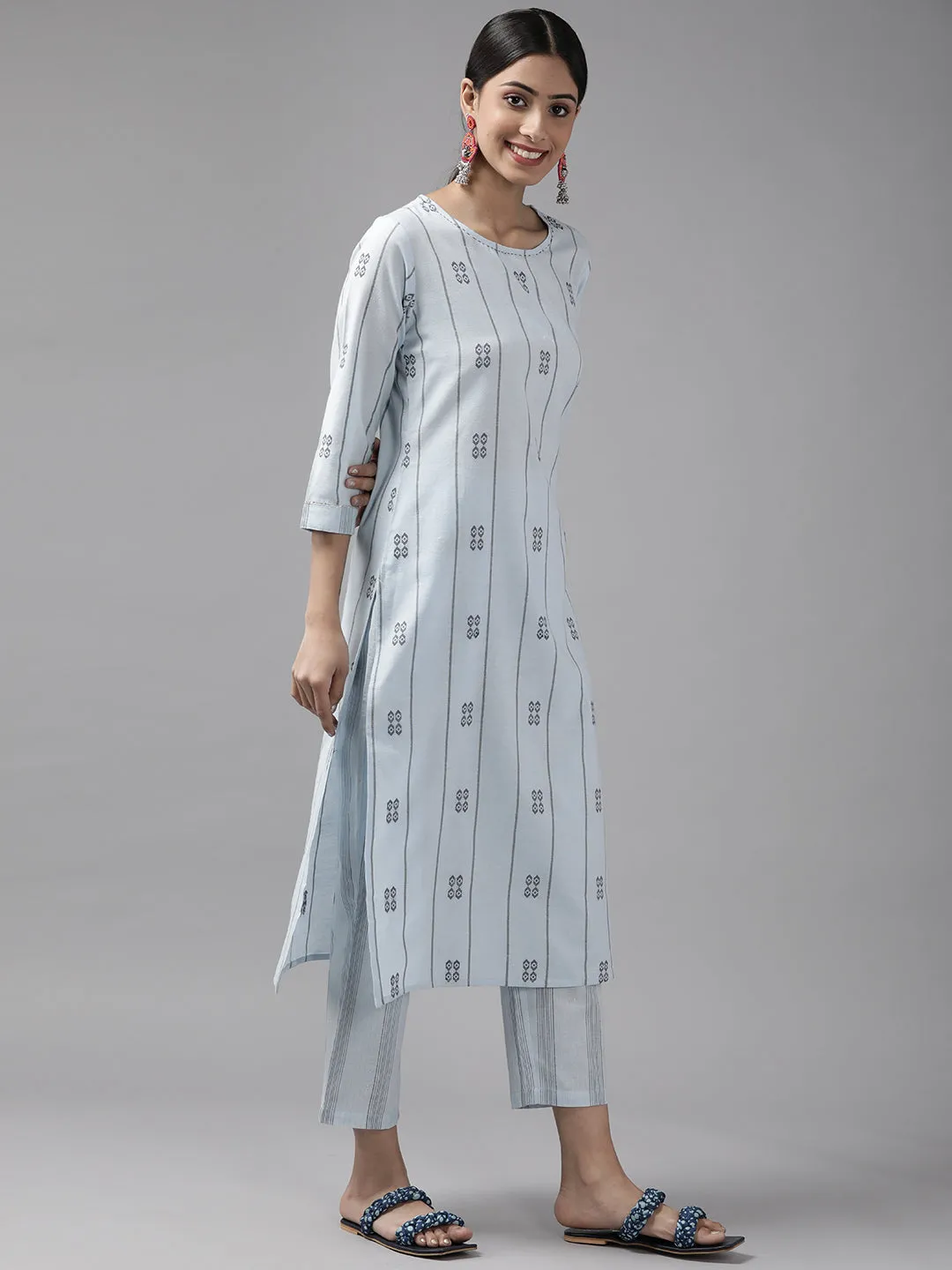 Women Light Blue Safe Design Yarn Dyed Kurta With Trousers And Dupatta Set