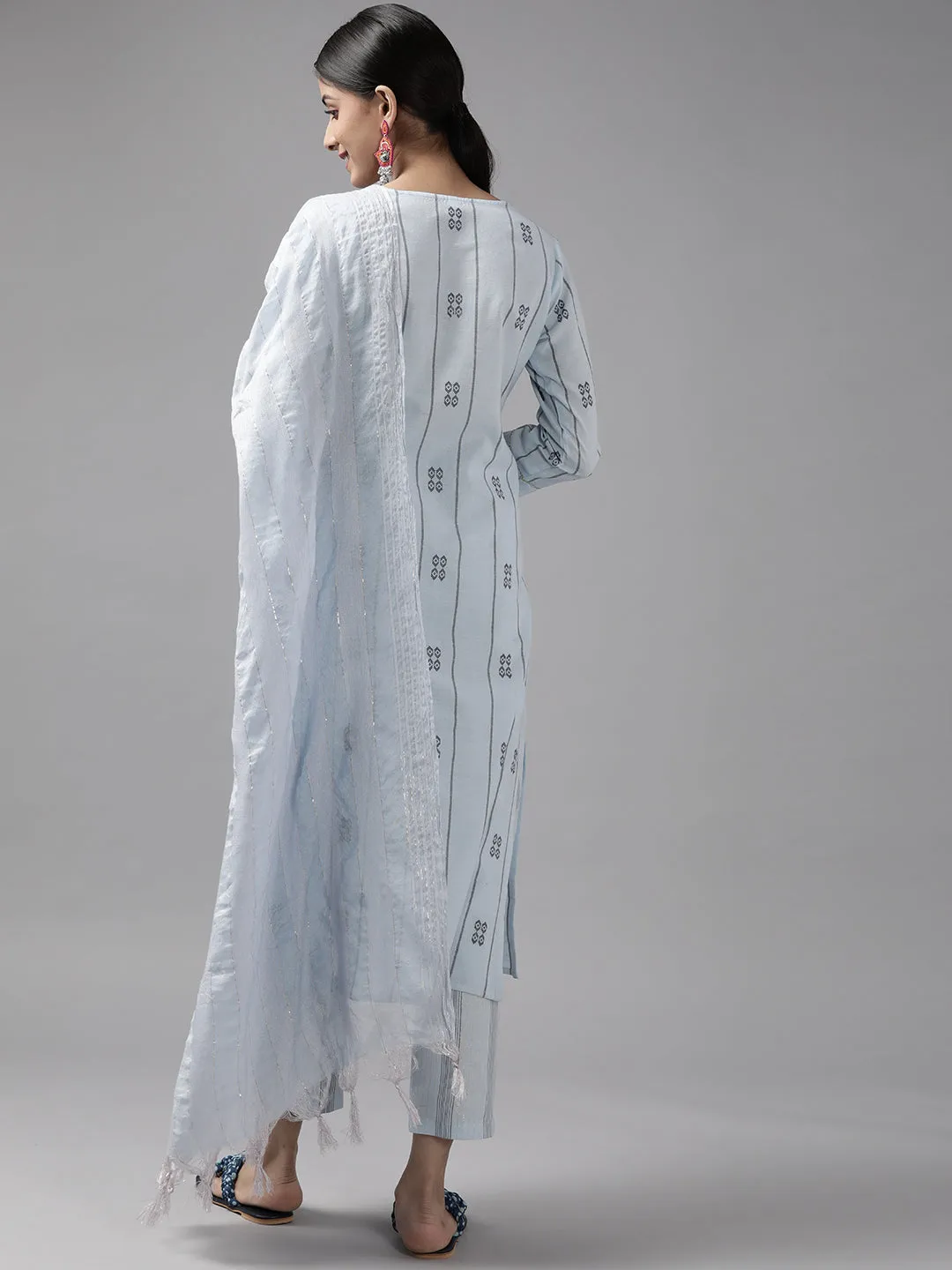 Women Light Blue Safe Design Yarn Dyed Kurta With Trousers And Dupatta Set