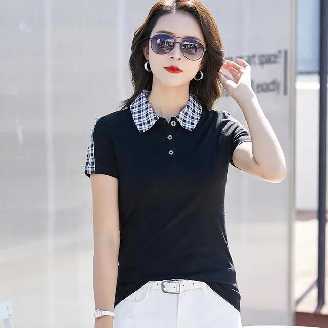 Women Polo Short Sleeve Plaid Casual Shirt Summer Cotton Tops Tees