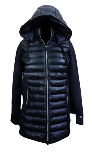 Womens Puffer Jacket Biker Style Lambskin Black Leather Outwear Hooded Jacket - ELF57